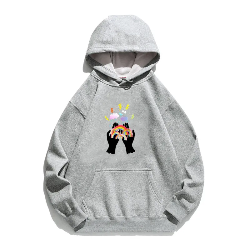 

Women Hoodie Holding Rainbow Printed Hoodies Women Fleece Long Sleeve Loose Sweatshirt with Hat Girls Pullovers Winter