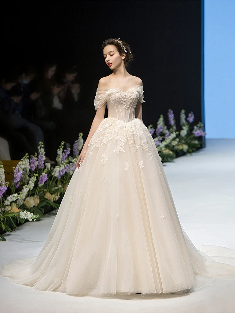 

Wedding Dress New Off The Shoulder Appliques Adjustable Bandage Trailing Elegant Bridal Dress Ball Gown Vestido de noiva