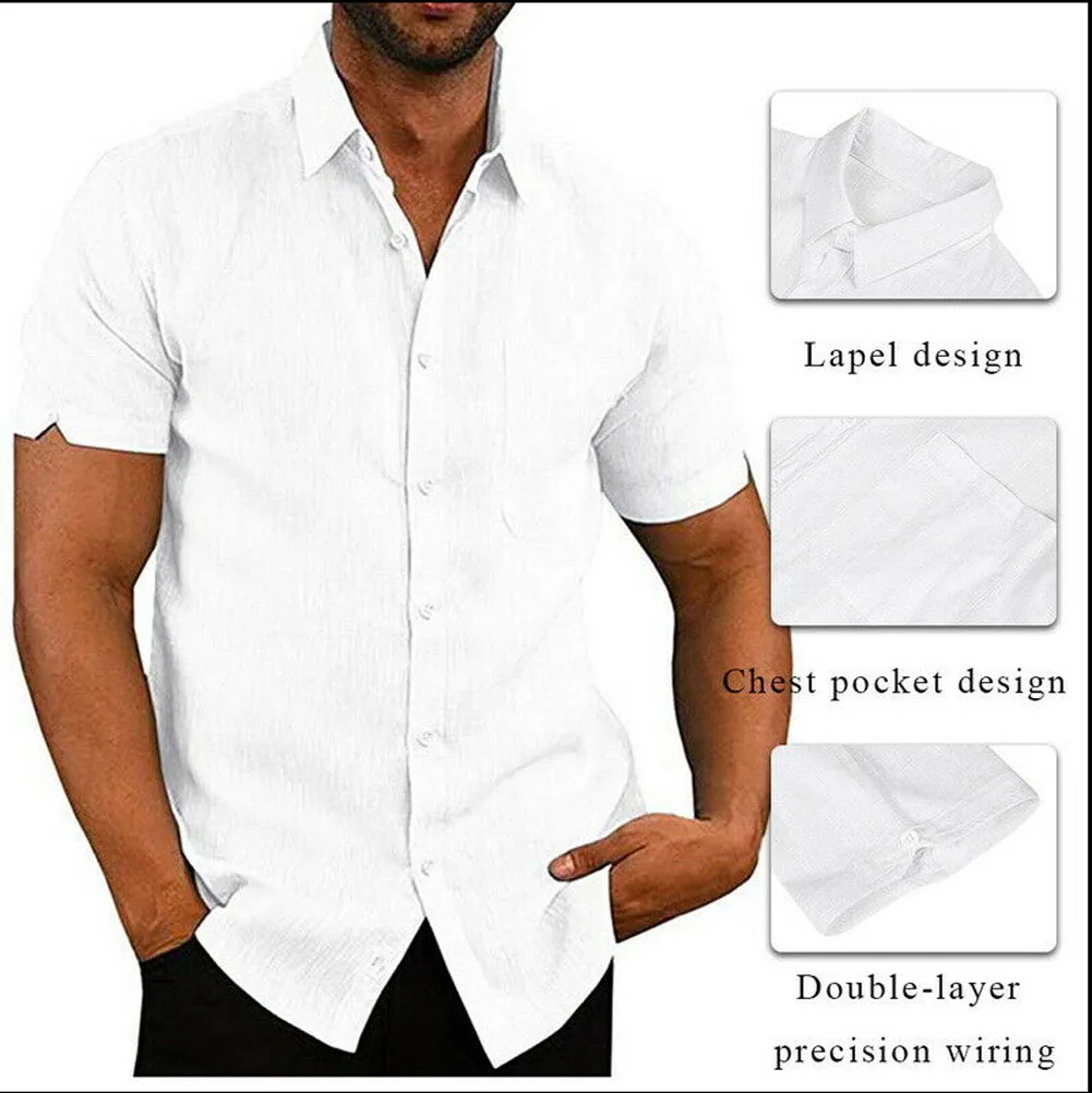 

Summer Lapel Solid Color Short Sleeve Button Men's Linen Shirt Men's Wear shirts for men