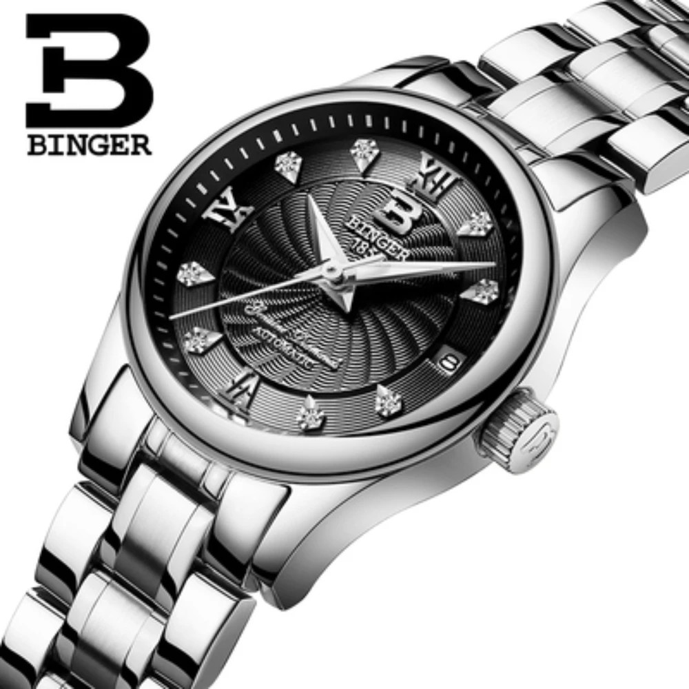 Genuine Luxury Switzerland BINGER Women automatic mechanical self-wind diamond sapphire watch black simple female waterproof