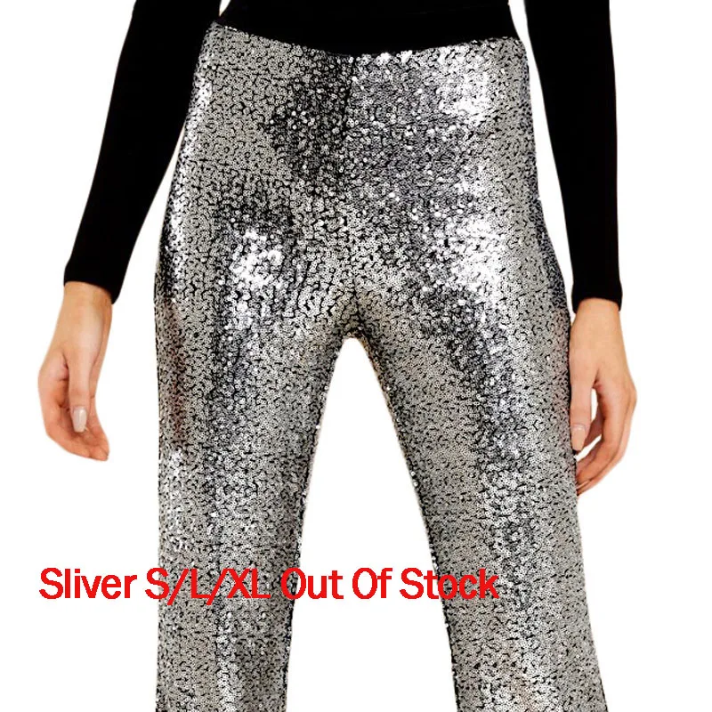 Женские широкие брюки с блестками SEBOWEL серебристые черные высокой талией для