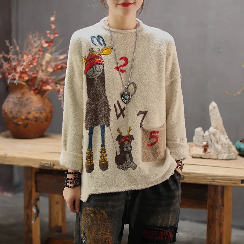 Women Sweater Autumn Retro Loose Knitting Casual Pullovers 2019 New Ladies Tops O-Neck Print Character All-match | Женская одежда