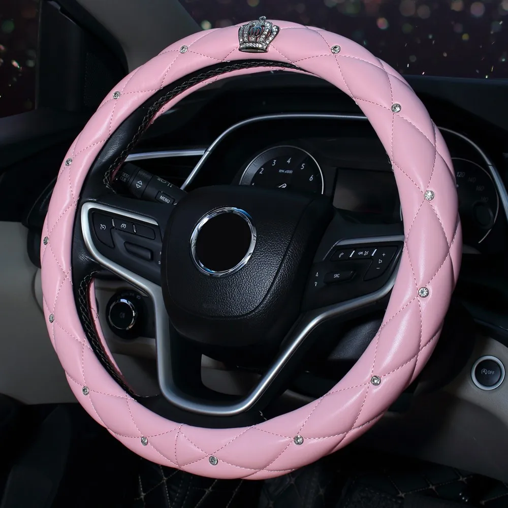 

Covered Steering Wheel for Women Hot Pink Black Leather 38cm 15'' for Honda Crv Benz C200 Renault Mazda M3 M6 Volvo Xc60 S90