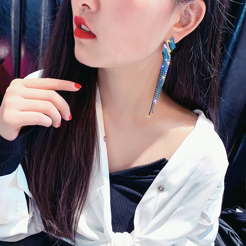 

Korean Fashion Long Tassel Full Crystal Rhinestone Drop Earrings for Women Bridal Dangling Earrings Brincos Wedding Jewelry
