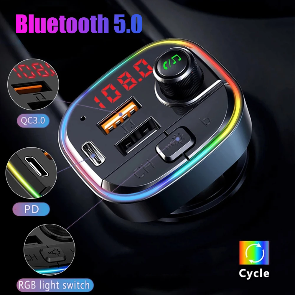 

Bluetooth-compatible 5.0 FM Transmitter QC3.0+PD USB Charger Adapter Car MP3 Player Handsfree Car Kit with Bass Audio Backlit