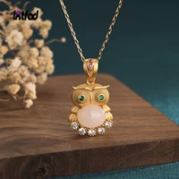 new design retro owl pendant inlaid with white jade necklace for women birthday gift shining zircon jewelry
