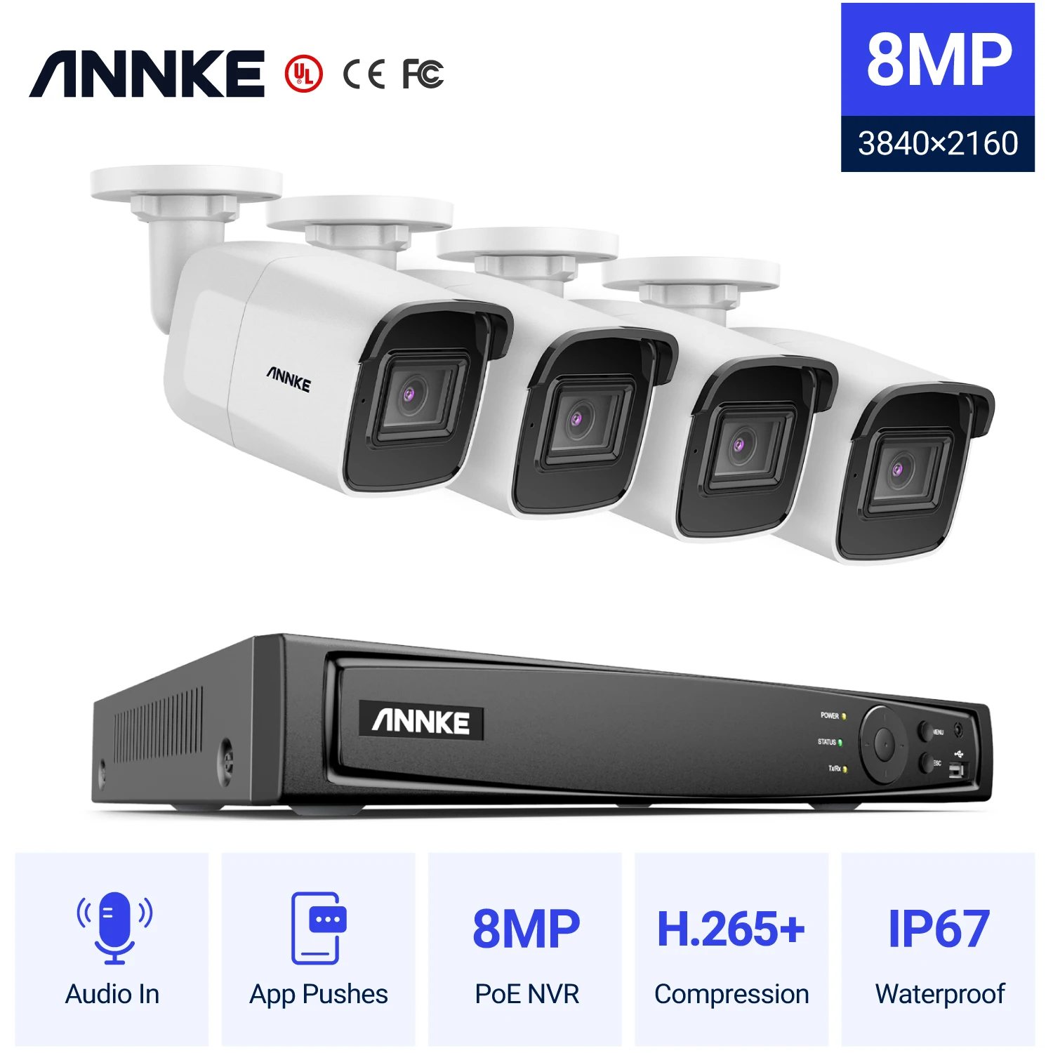 Система видеонаблюдения ANNKE 8 каналов Мп Ultra HD POE 4 камеры безопасности|Система