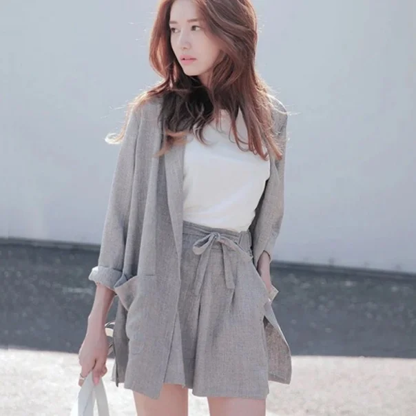 Хлопковый льняной короткий костюм весенний свободный блейзер с эластичным