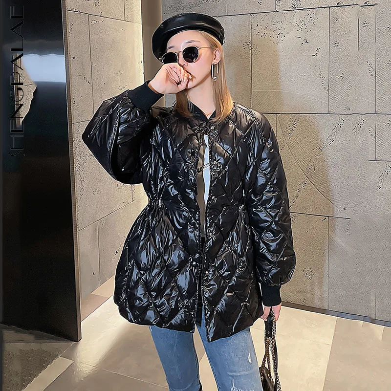 

SHENGPALAE Fashion Diamond Check Cotton Jacket Women's Winter 2021 New Round Neck Loose Single Breasted Long Sleeve Warm Coat