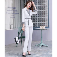 fashion women blazer suits with belt long sleeve double breasted blazer pants suit office ladies two piece blazer sets white
