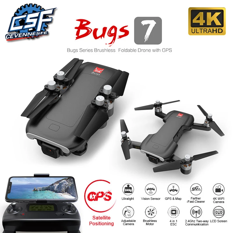 

2021 NEW Bugs B7 Drone 4K Camera Gps 5G WiFi Brushless Motor Vision Positioning Flight 25 Minutes Distance 300M RC Quadcopter