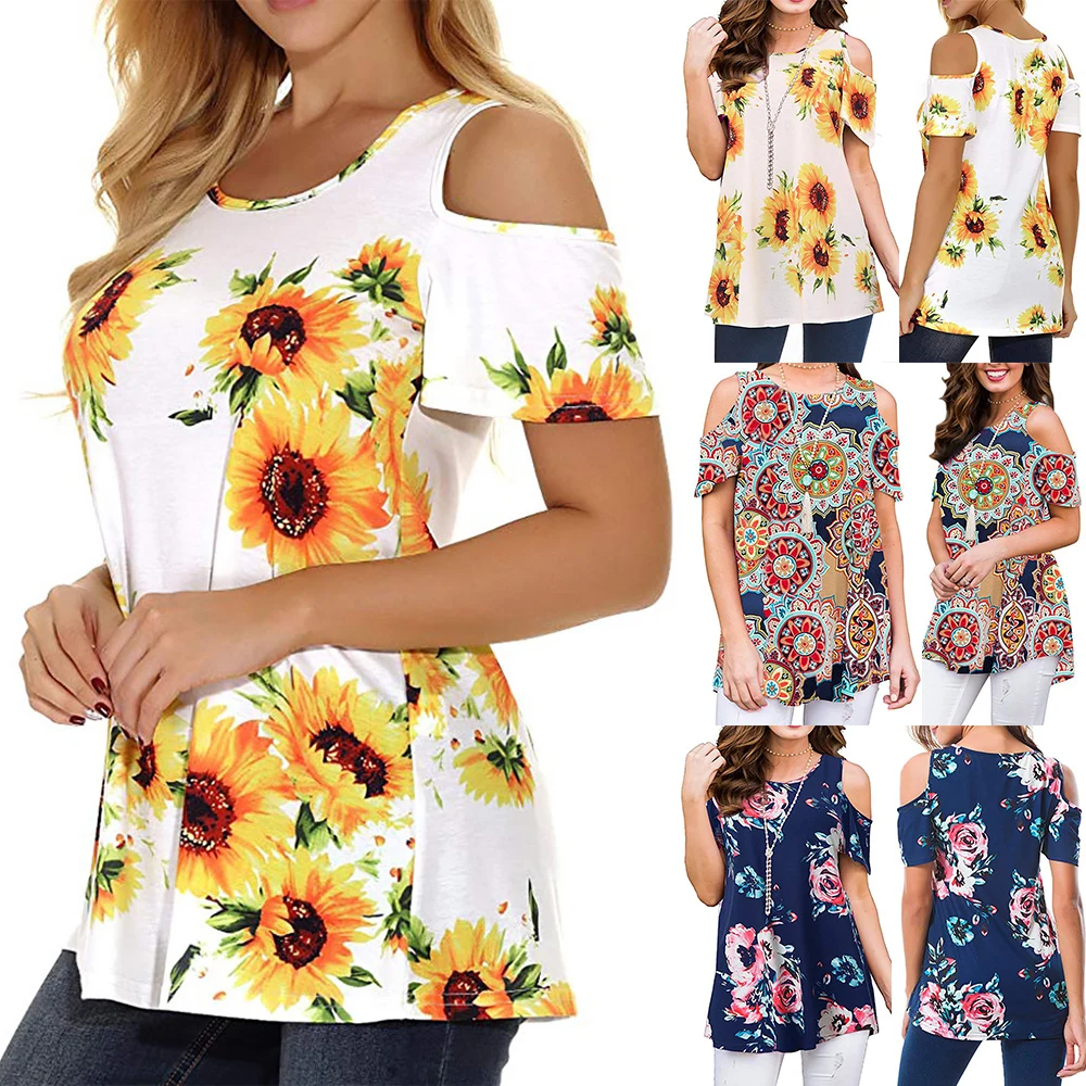 

Women Off Shoulder Elegant Floral Printed Shirt Casual Loose Tops Fashion Summer Round Neck Top Short Sleeve Shirt Feminina D30
