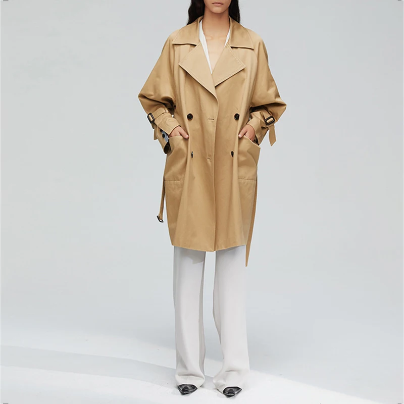 

Fashion Casual Khaki Trench Coat 2020 New Autumn Winter Women Korean Style Loose Lapel Pocket Double Breasted Mid-length Trench