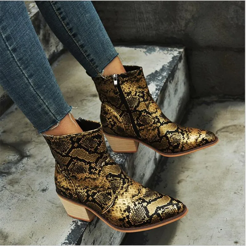 

2020 Plus Size Women Boots 11cm High Heels Fetish Stripper Serpentine Ankle Boots Prom Snake Print Block Heels Chunky Red Shoes
