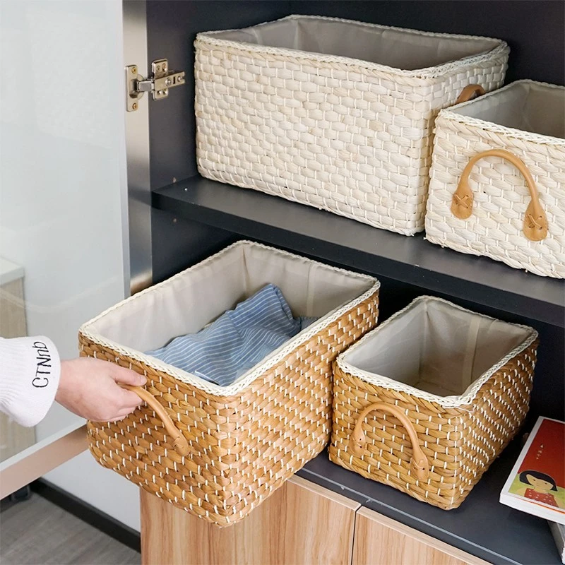 

Handmade Woven Storage Basket Wicker Laundry Baskets with Handles Fruit Debris Corn Husk Weaving Desktop Storage Organizer WF