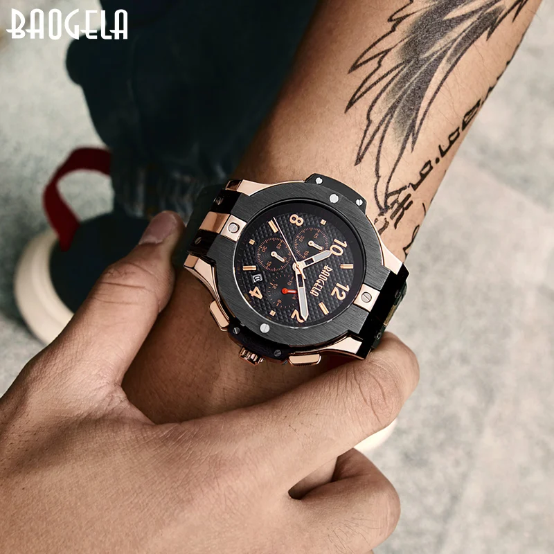 BAOGELA marque hommes montre Quartz montre ou bande de caoutchouc 3ATM resistant А 'Eau chronographe hommes Quartz 1909