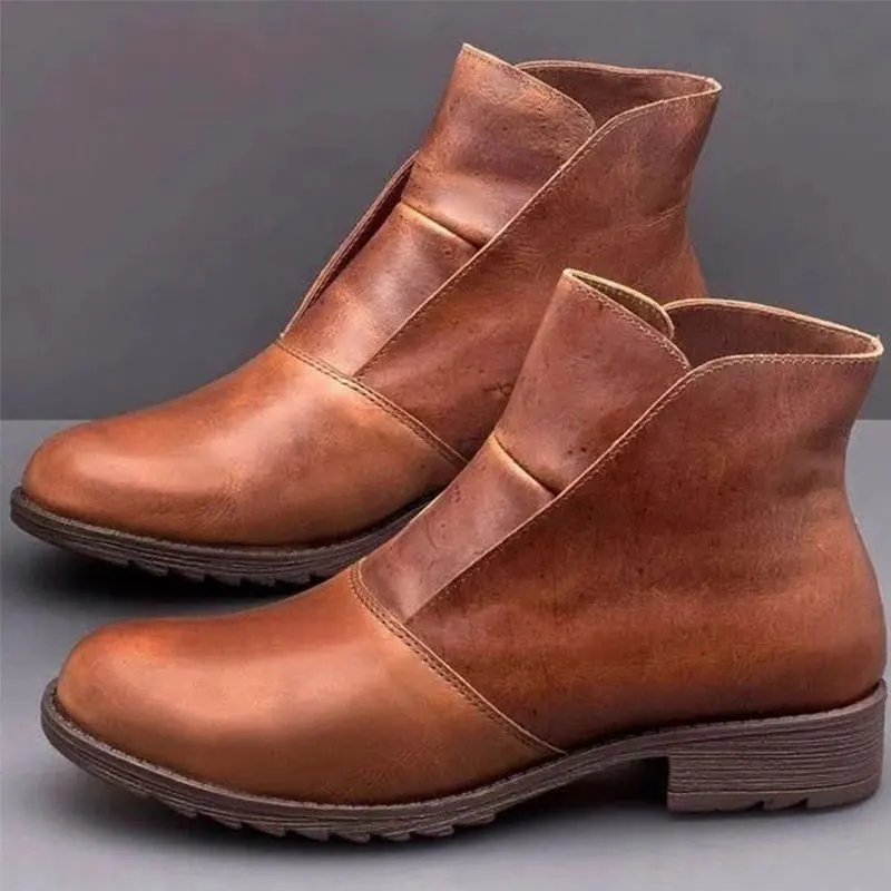 

Женские ботинки из искусственной кожи, женские ботильоны без шнуровки, женская обувь с круглым носком, женская повседневная обувь на платфо...