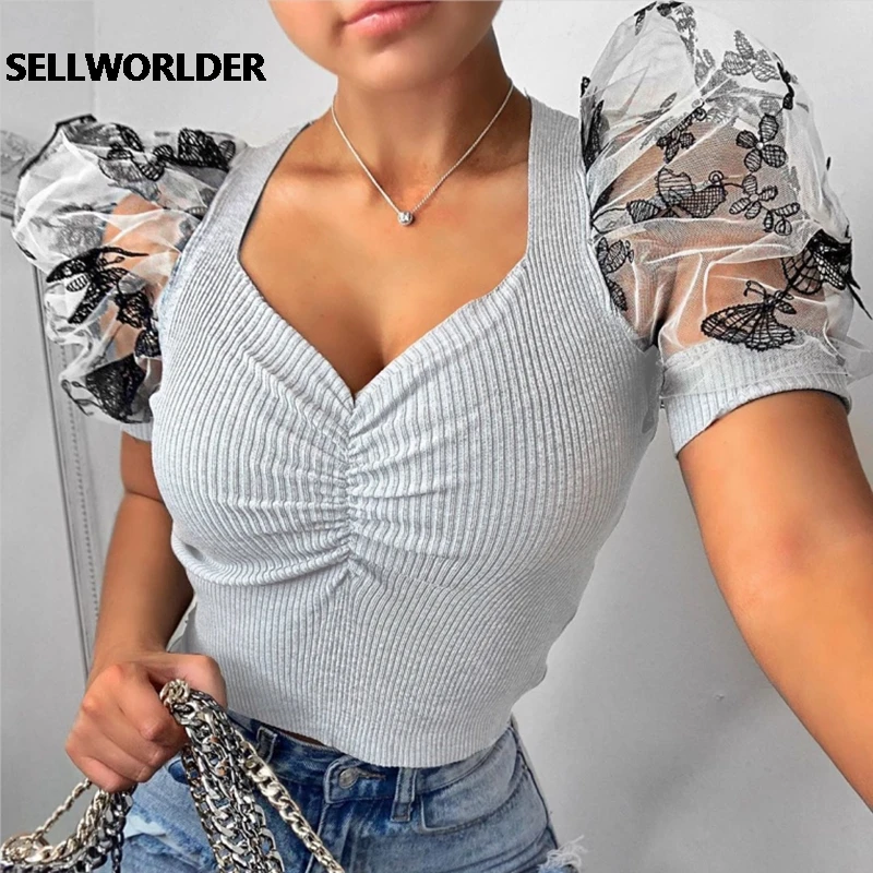 

Women Mesh Patchwork Sexy Blouse Puff sleeve V neck Crop Top Summer Butterfly Embroidery Short Chic Shirt Tops