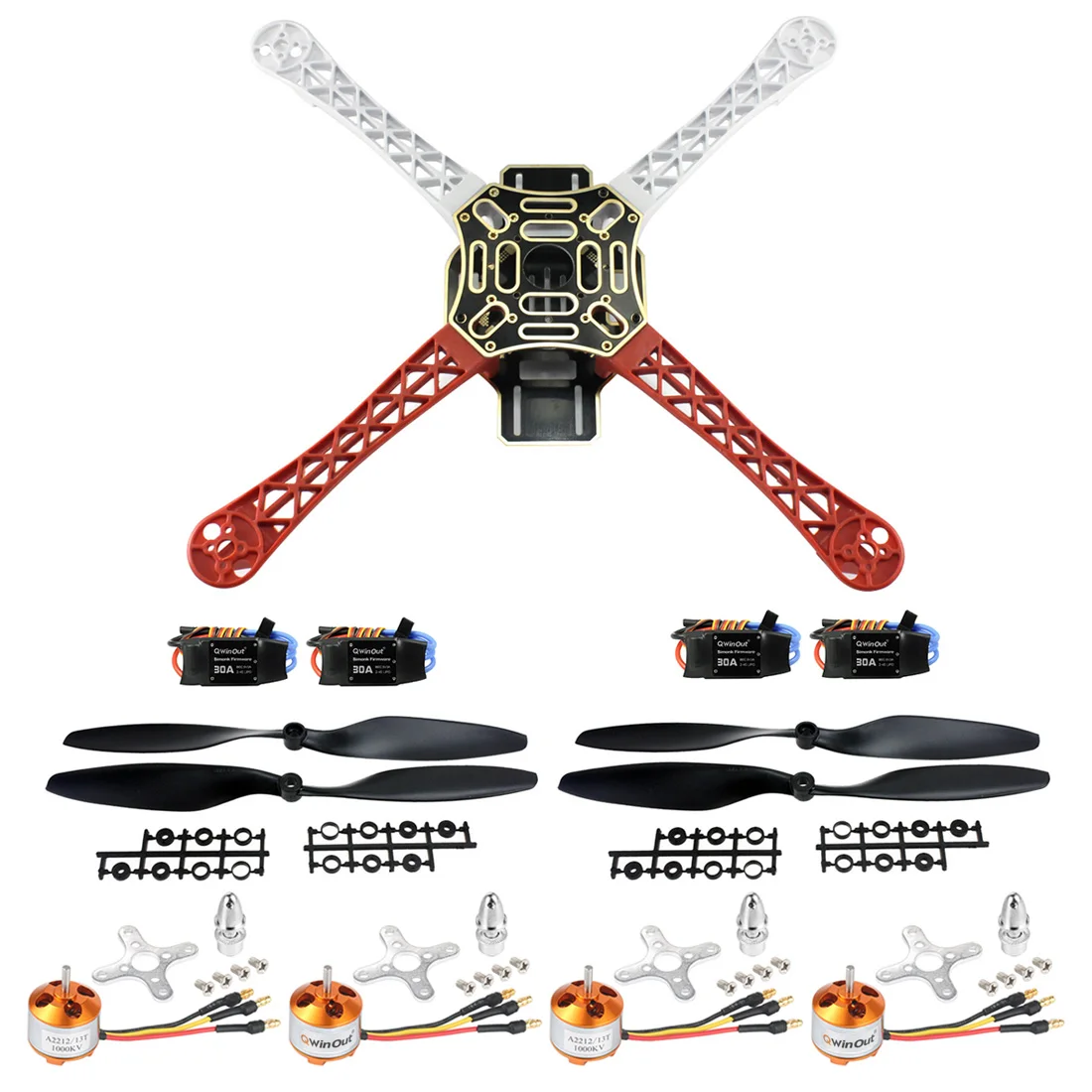 

F450 4-Alex Airframe 450mm Drone Frame Kit w/ 2-4S 30A RC Brushless ESC A2212 1000KV Brushless Motor 13T 1045 CW CCW Propellers