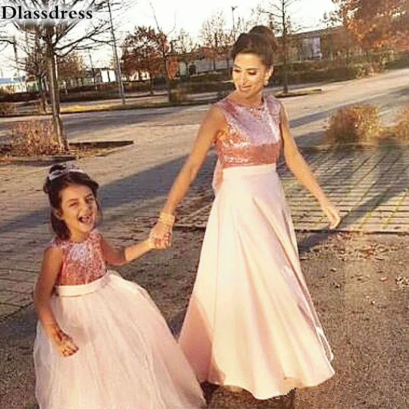 

Rose Pink Flower Girl Dress For Wedding Mother And Daughter Dress Simple Sequin Top Floor Length Prom Dress платья знаменитостей