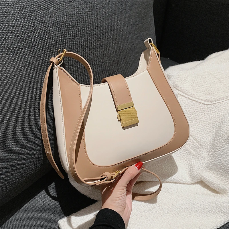 

Two Tones Half Moon Design Baguette Shoulder Bags For Women Luxury Brand Push Lock Ladies Small Vintage Crossbody Bags 2021 Fall