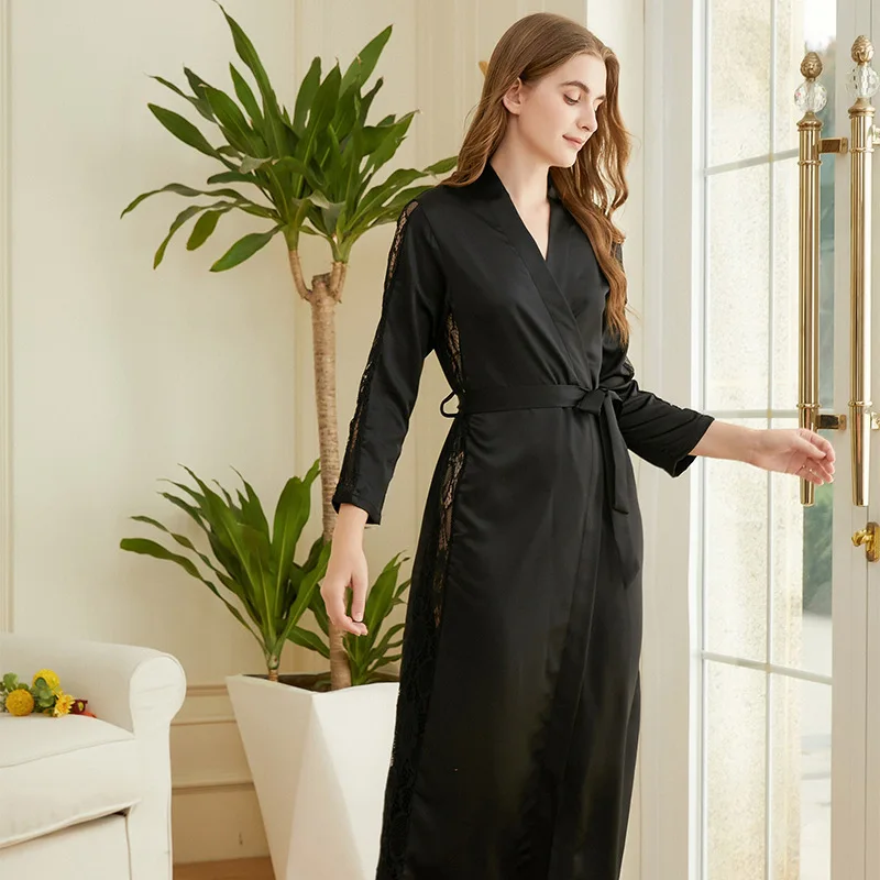 

Women's Long Design Solid Color Black Red Champagne Hollow Out Sleeve Cardigan Bathrobes Ladies Sexy Sleep Robe Pijamas Kimono