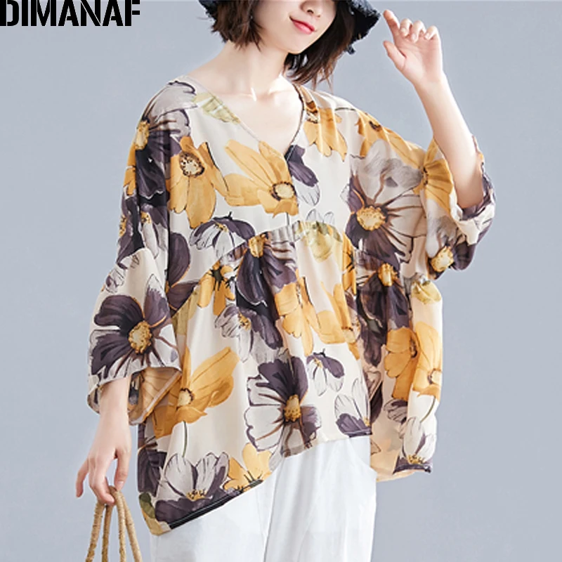 DIMANAF размера плюс женская блузка рубашки летние пляжные Цветочный принт женские