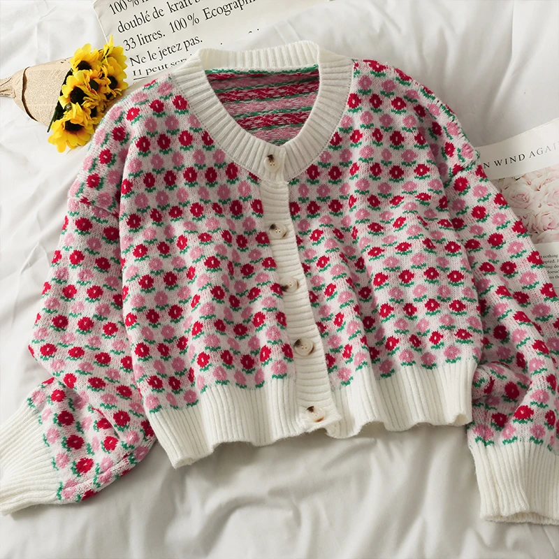 

2021 New Autumn Sweet Patchwork Women Sweaters O-neck Single Breasted Long Sleeve Cardigan Sweater Print Knitted Tops Coat