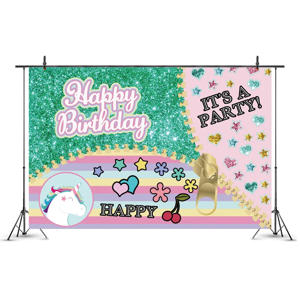 

Happy Birthday Cherry Spotted Unicorn Backdrop Photo Girls Party Room Table Decorative Newborn Bathroom Custom Vinyl Background