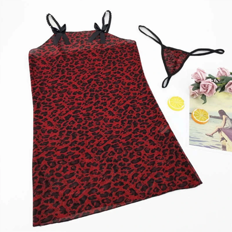 

Summer Fashion Spaghetti Strap Nightwear Clothes Women Sexy Leopard Lingerie Nightdress Sexy Lace Bowknot Sleep Wear Nightgowns