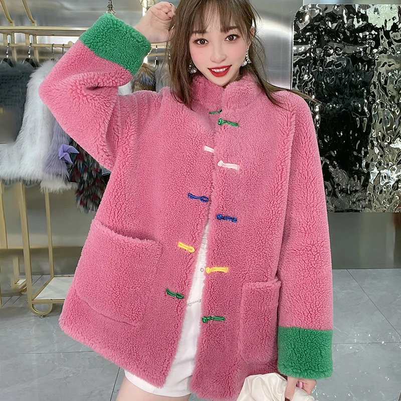 Winter Chinese Style Women's High Quality Pink Color Wool Fur Leather Coat C710