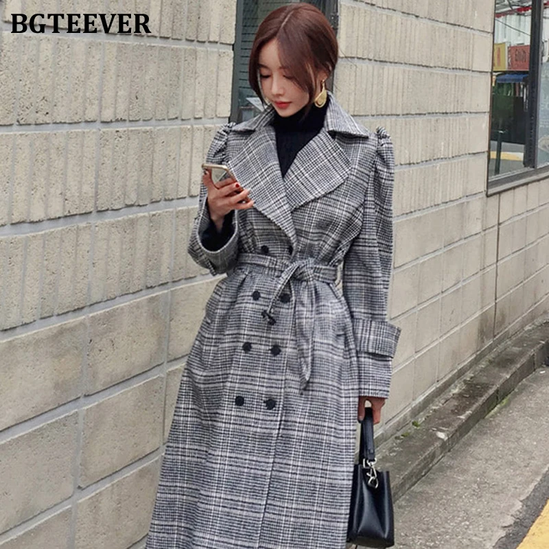 BGTEEVER одежда для офиса клетчатые женские длинные пальто зимние теплые шерстяные с