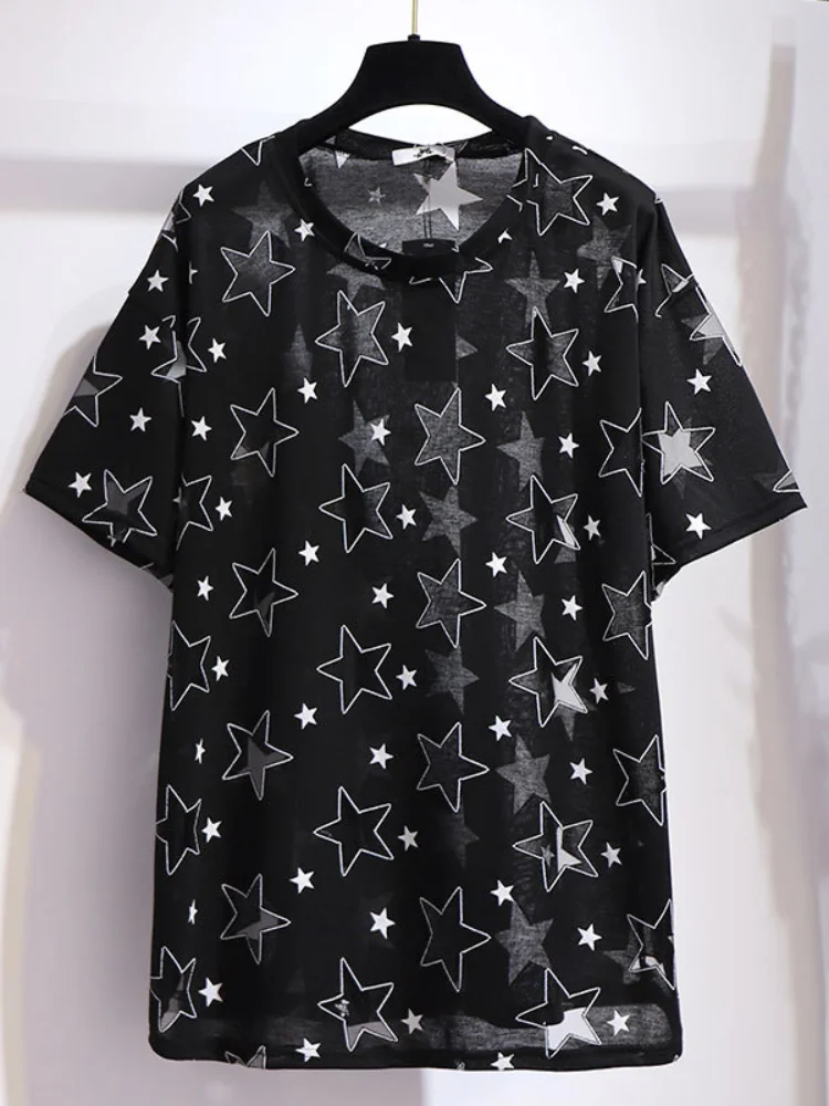 

Plus Size Summer Femme Stars T-shirts Short Sleeve Oversized Loose Black Tees Shirt Streetwear Gothic Women Clothing Tops FY