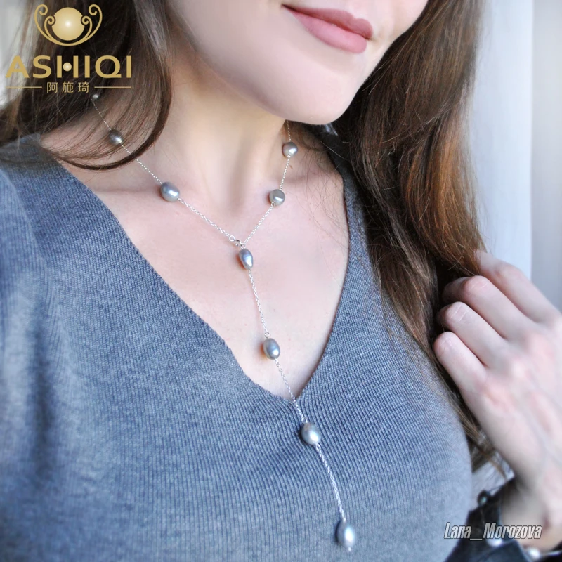 ASHIQI реальные 925 стерлингового серебра ожерелье из пресноводного жемчуга: 8 9 мм
