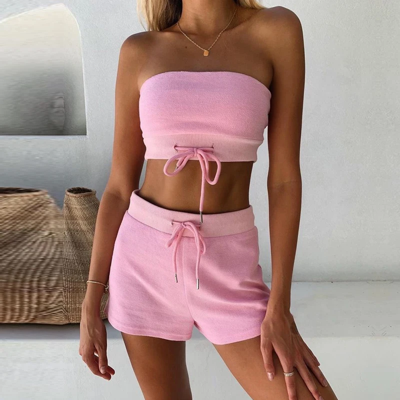 2 Two Pieces Set Elastic Clothes Women Drawstring Strapless Crop Top And Shorts Summer Fitness Jogging Tracksuit Outfits |