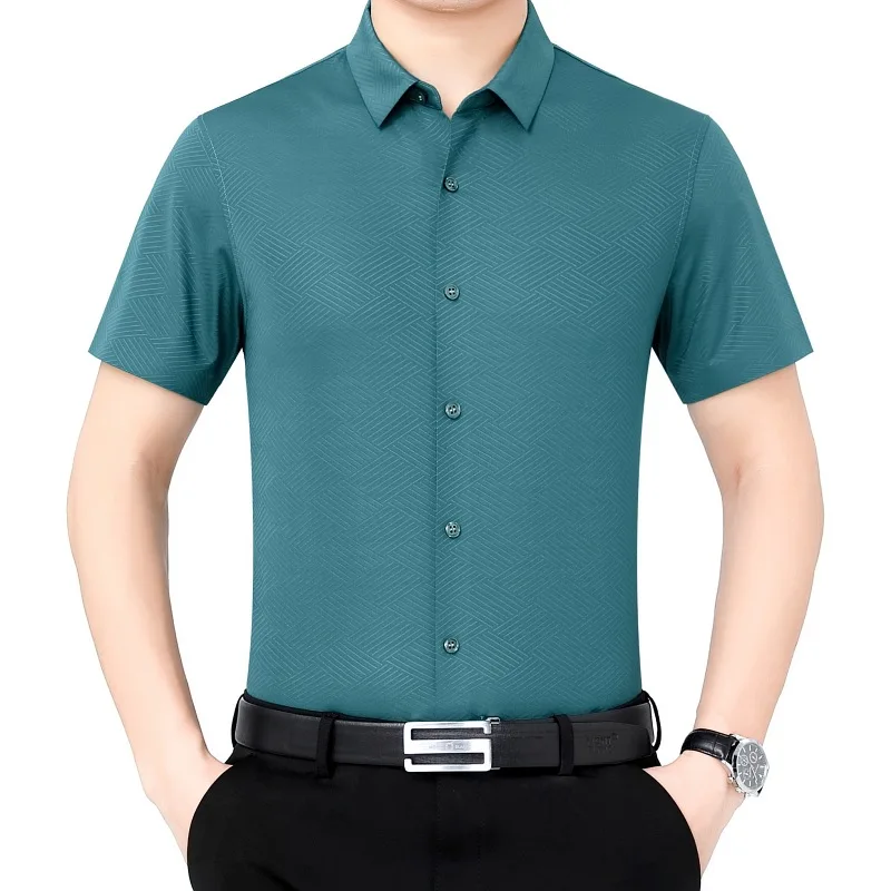 

2021 summer new Silk half-sleeve solid color middle-aged Lapel shirt
