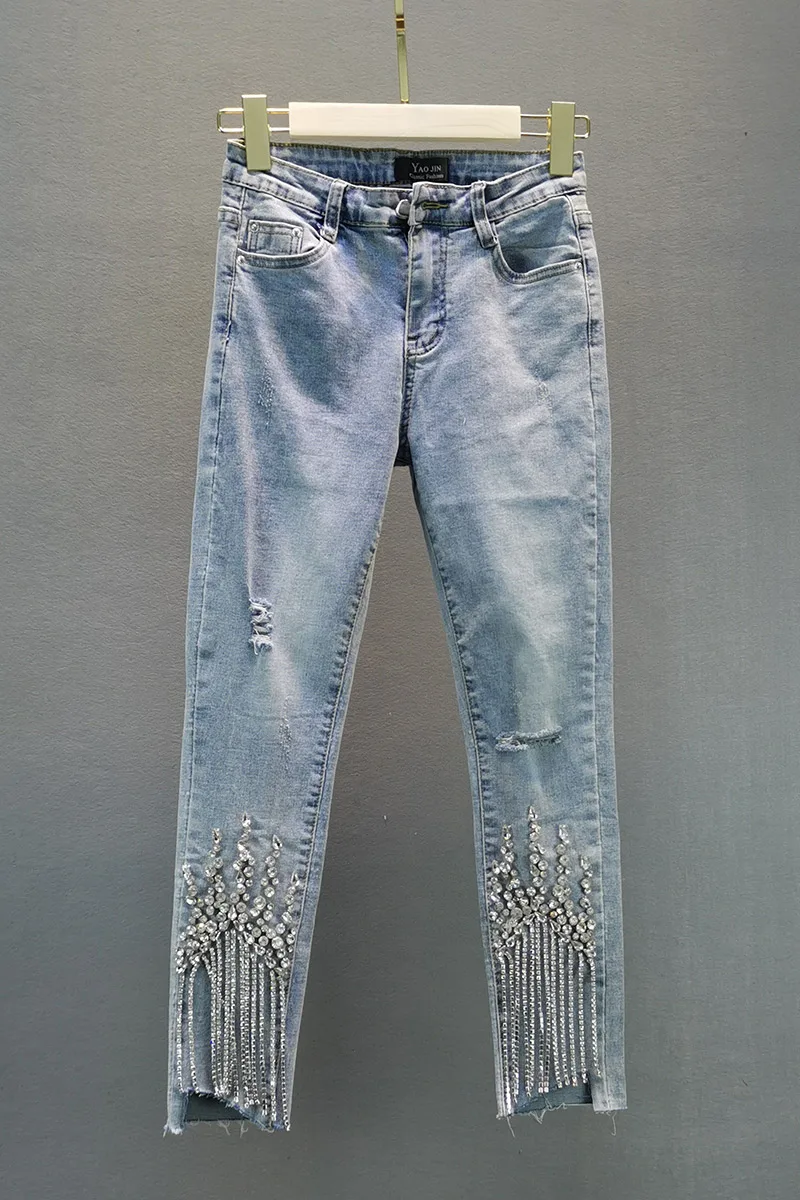 

Jeans 2021 Spring and Summer New European Stretch Slim-Fit High Waist Figure Flattering Rhinestone Tassel Skinny Pants Tide