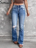 womens high waist jeans stretch slim tight ripped hole stretch long jean pants ladies micro flare skinny trousers
