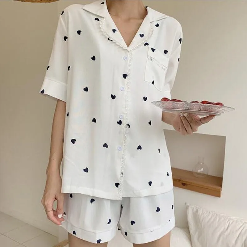 

2021Pajamas for Women Home Clothes Pijamas Ladies Heart Print Nightie Lounge Wear Sexy Sleepwear Two Piece Set Pyjamas Summer