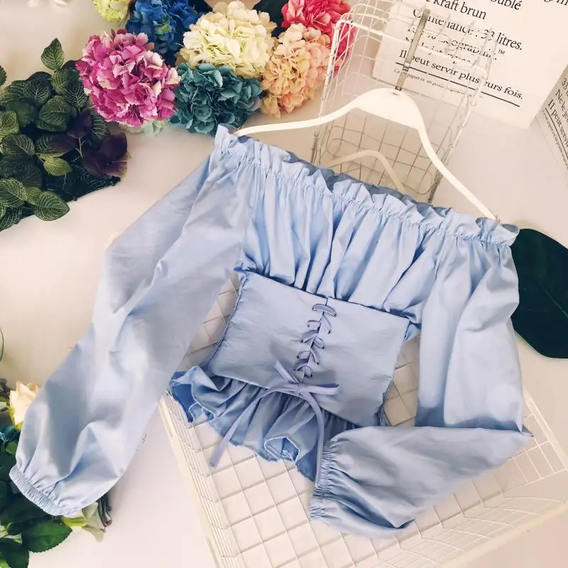 

XIKOI New Sexy Shirt Women Slash Neck Lantern Sleeve Slim Bandage Fashion Woman Blouses 2021 Korean Short Summer Top Dropship