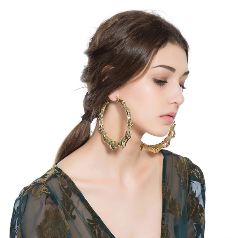 Большая хип хоп Бамбук Серьги кольца Панк Золотая пластина горячая Распродажа