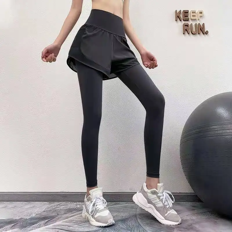 

High-Waist Hip-Lifting Fake Two-Piece Fitness Pants Women's Running Yoga Stretch Tight Outer Wear Training Quick-Drying Exercise