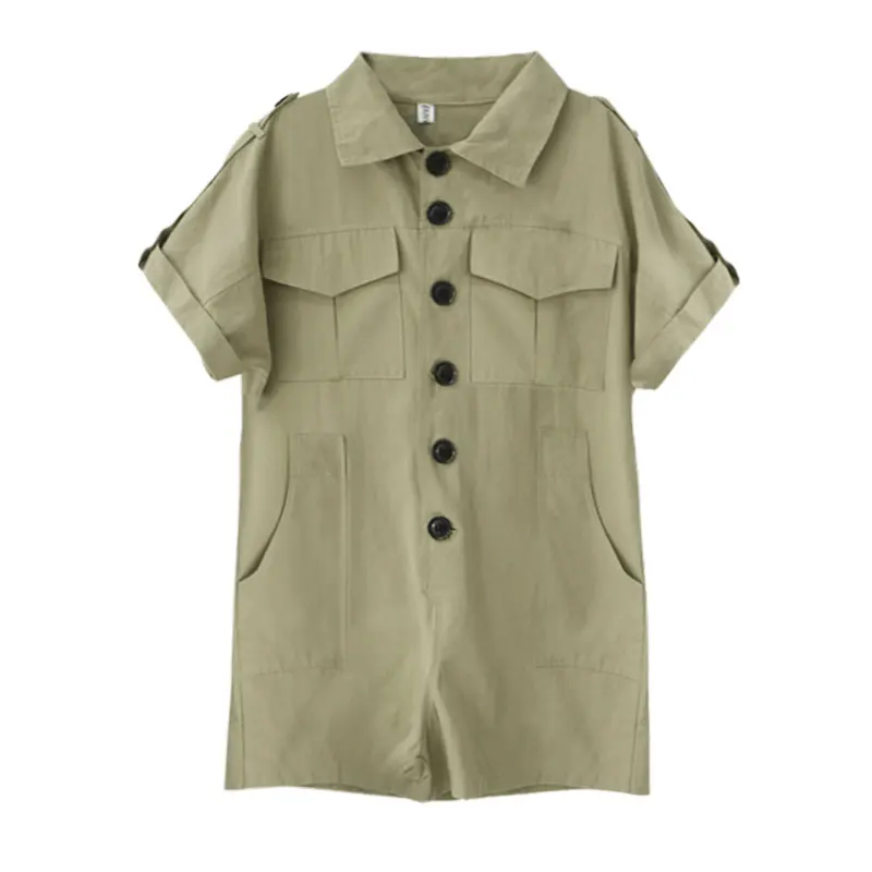 

Large Pocket Single-Breasted 2020 New Short Sleeve Overalls Workwear Loose Wide Leg Chiffon Shorts Summer Thin Women's