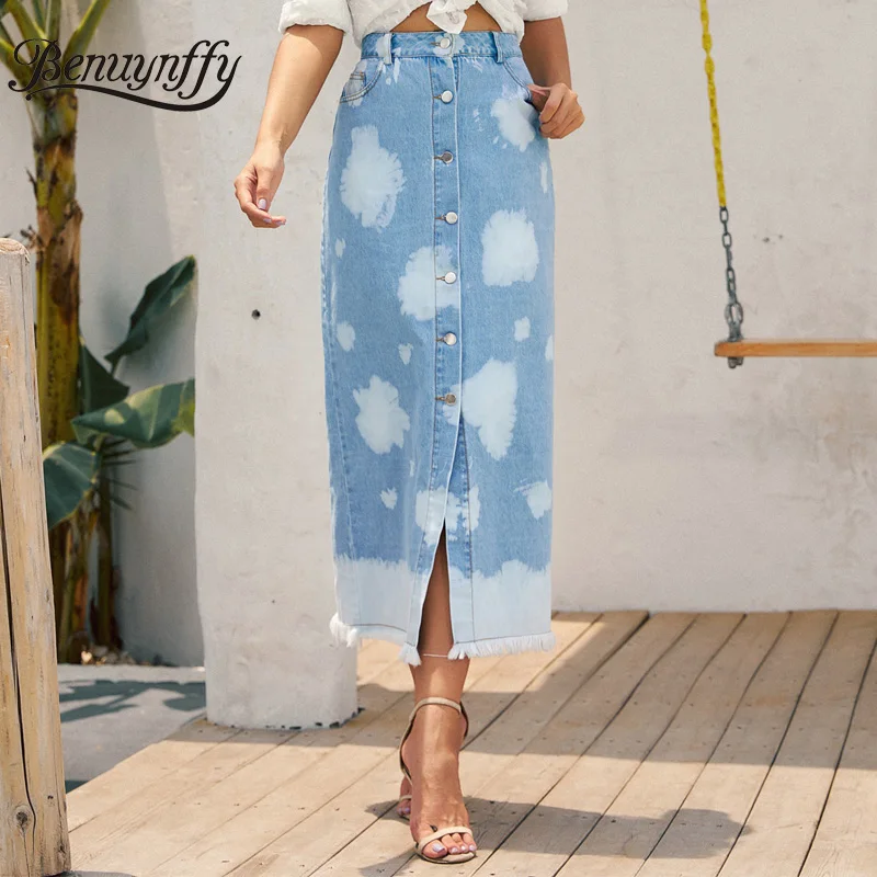 

Benuynffy High Waist Single Breasted Denim Skirt Women Autumn Winter Elegant Ladies Street style Pocket Jeans Long Skirts New