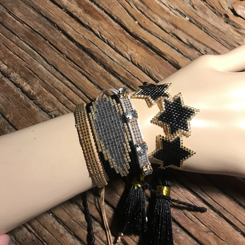 Rttooas, Модный женский браслет, 3 звезды, Pulseras Mujer,, браслеты, CZ ювелирное изделие, кисточка, ручная работа, тканая повязка на руку