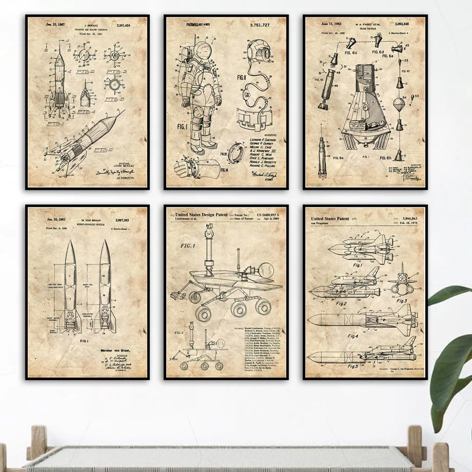 

Astronaut Spaceship Patent Blueprint Wall Art Canvas Painting Nordic Posters And Prints Wall Pictures For Living Room Home Decor