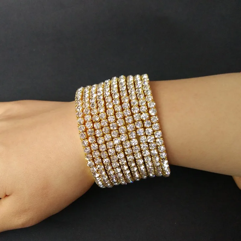 10 рядов Стразы Спиральный Браслет посеребренный и золотой цвет свадебные