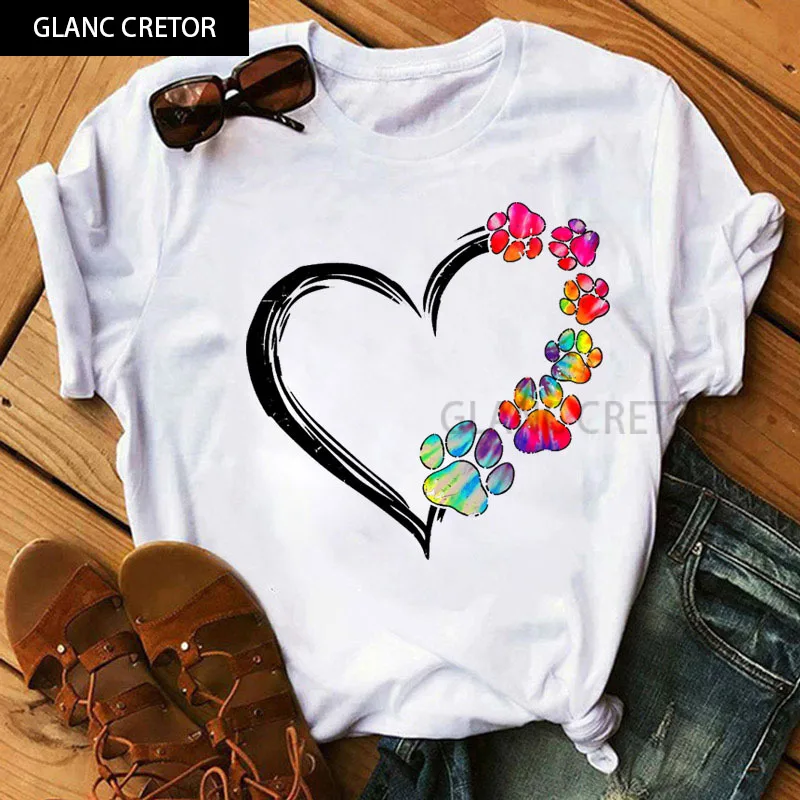 

Red Heart Dog Paw Print T Shirt Female Short Sleeve Tee Shirts Ladies Cute T-shirt Tops Fashion Women T Shirt Summer Casual Tops