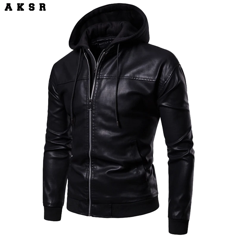 

AKSR New Men's Hooded Leather Jackets Liner Detachable Moto Faux Leather Jackets Men Chaqueta Moto Hombre Biker Casual Coat