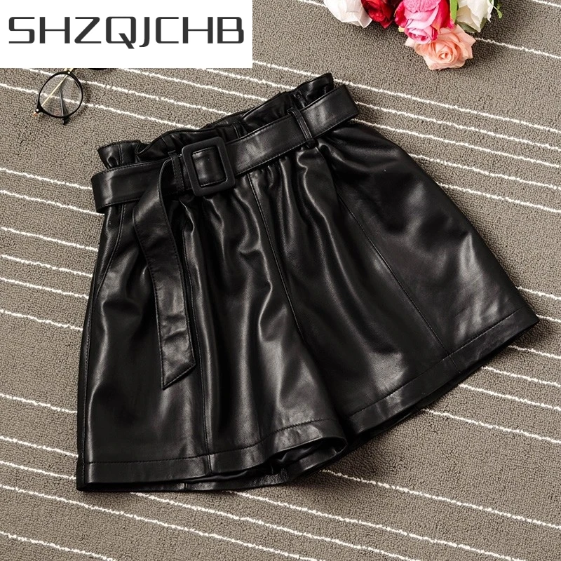 

JCHB 2021 Quality Sheepskin Fashion Sashes Elastic High Waist Wide Legged Shorts Women Summer A-Line Loose Fit Genuine Leather H